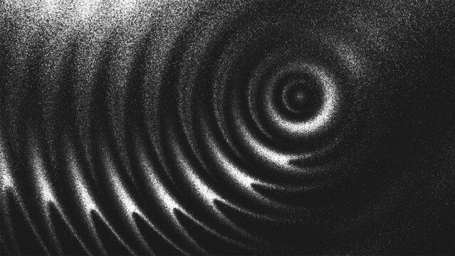Grainy black and white background with concentric circular waves, glowing highlights and spiral ripples created from thousands of individual dots. Glares create an illusion of depth and optical motion