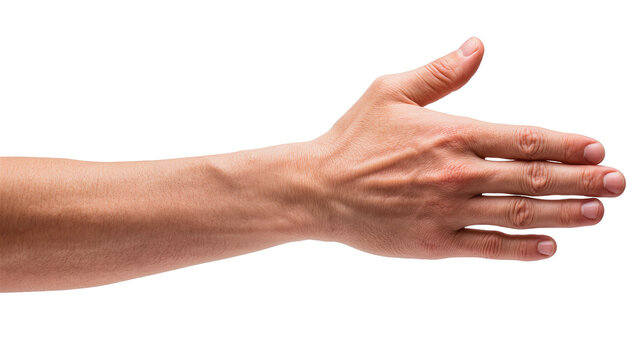 Male hand reaching out palm open, fingers spread