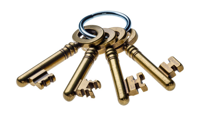 Bunch of antique brass skeleton keys on a metal ring