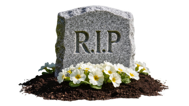 Granite tombstone with R I P inscription and white flowers