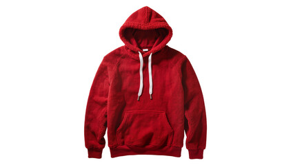 Red fuzzy hooded sweatshirt with white drawstrings and front pocket © Gabriela
