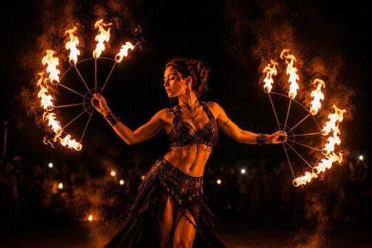 Female fire performer dancing with flaming fans at night