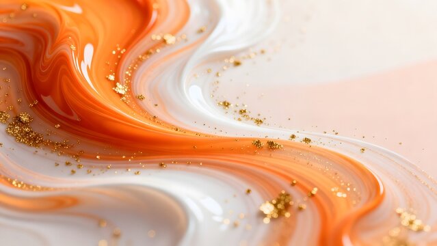 Abstract swirls of orange and white with gold glitter