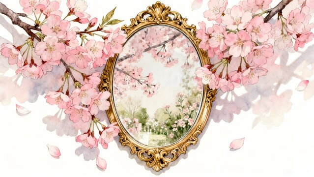 Cherry blossoms frame ornate mirror