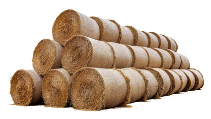 Stacked round hay bales in rows, dry straw texture © Anna