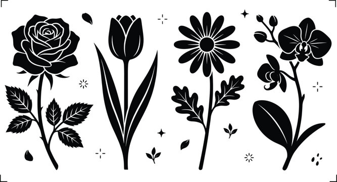 Elegant floral silhouette collection featuring rose tulip daisy and orchid flowers decorative botanical vector illustration set