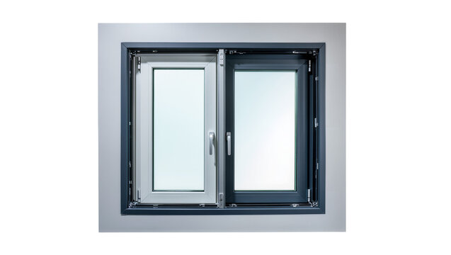 Modern double pane window with grey frame and silver handles