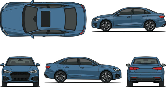 Blue sedan car blueprint mockup vector template showing top side front and rear view orthogonal projections isolated on white background