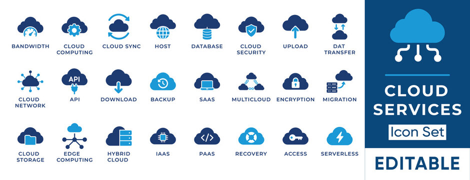 Cloud services and computing infrastructure solid icon set. Includes symbols for SaaS, Data Migration, and Edge Computing. Vector icons for IT network architecture and cybersecurity presentations.