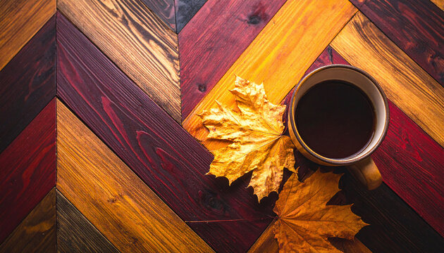 Cozy up with a hot cup of coffee and golden autumn leaves on a beautifully patterned chevron wooden surface. Ideal background for seasonal promotions and warm lifestyle designs.