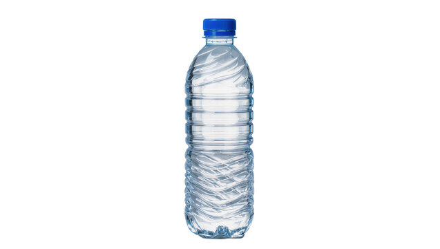 Clear plastic water bottle with blue cap and wavy texture
