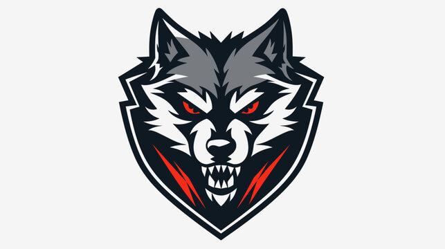 Stylized wolf head illustration with sharp teeth on a shield shape design