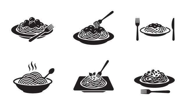 Set of monochrome spaghetti and pasta dish icons.