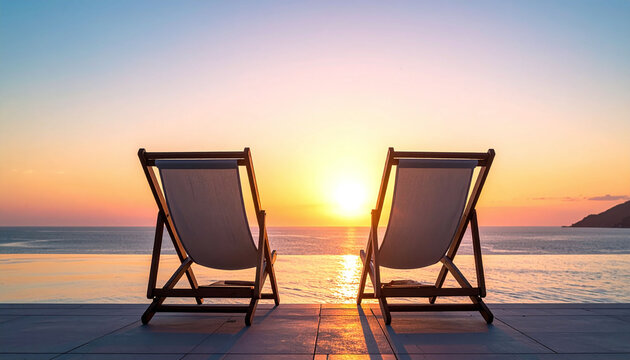 Serene sunset view featuring two lounge chairs by a luxury infinity pool overlooking the ocean. Perfect for themes of relaxation, romantic getaways, retirement, and highend summer travel.