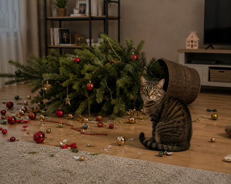 Tabby cat sitting beside fallen Christmas tree in living room