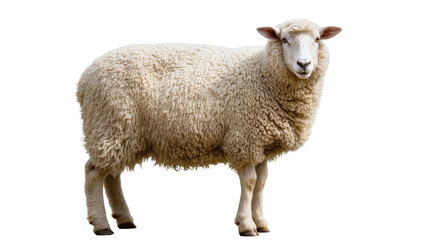Fluffy sheep with thick wool standing on white © Gabriela