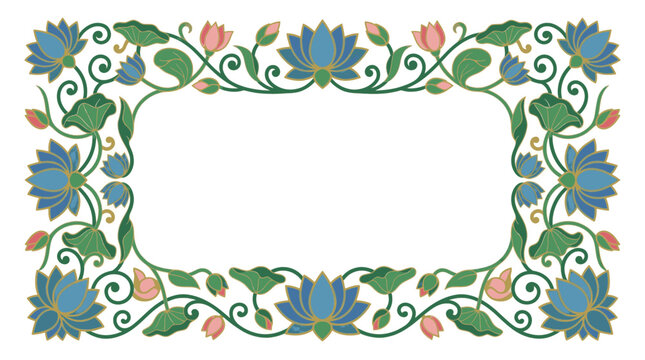 Decorative Rectangular Border with Traditional Blue Lotus Flower Pattern