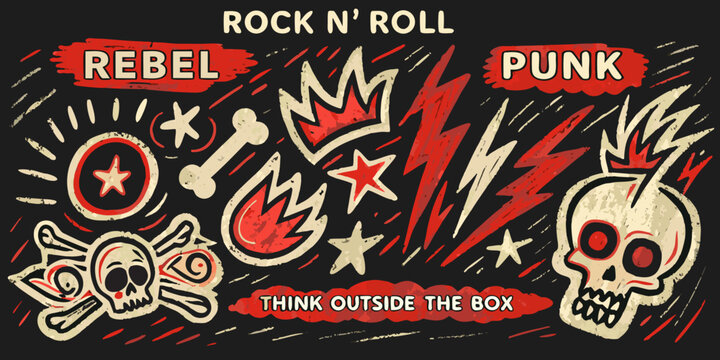 Rock and roll themed graphic design with skulls and stars vector illustration