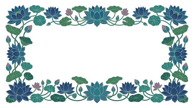 Decorative rectangular border with blue lotus flowers and green leaves