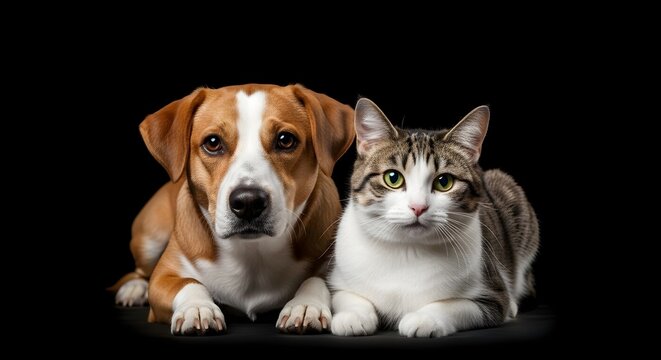 Close-up portrait of a dog and a cat resting together against a black background with together background portrait companion domestic friendship adorable