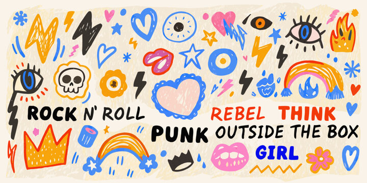 Punk Rock Doodle Collection Colorful Vector Illustration With Handwritten Text