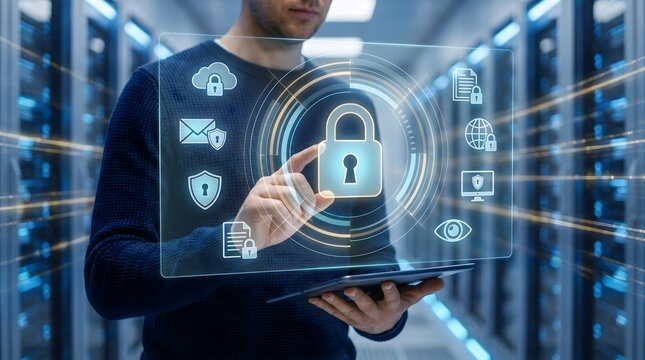 Digital network firewall and access control concept showing IT professional securing enterprise server infrastructure