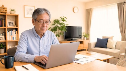 Fototapeta premium Senior Man Working Remotely from Home Living Room with Laptop