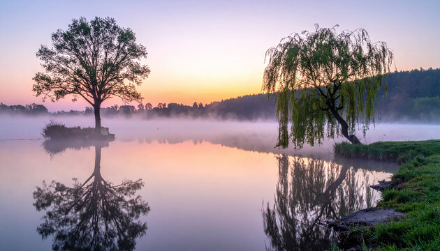Experience serenity with this sunrise over a misty lake, where lone trees reflect in mirrorlike waters. A tranquil landscape perfect for wellness, meditation, or travelthemed designs.