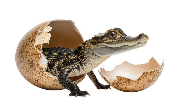 Baby alligator emerging from cracked eggshell