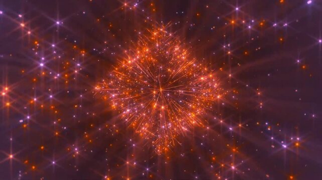 Abstract orange particle cube rotating with glowing light streaks flares and glittering star sparks