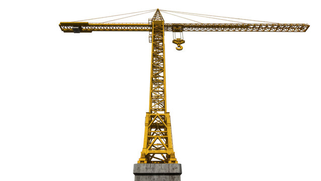 Yellow construction tower crane with concrete base