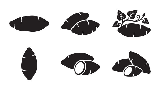 Set of black silhouette icons of sweet potatoes.