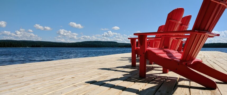 Red chairs sit on a wooden dock by a calm lake under a blue sky