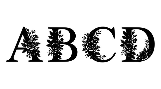 Letters Abcd Decorated with Floral Designs and Roses Featuring Design, Typography, Elegant with Vintage and Ornate Elements
