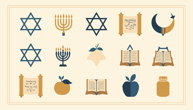 A collection of religious and cultural symbols including Star of David, menorah, Torah scrolls, crescent moon, apple, and books, presented in a flat design style.