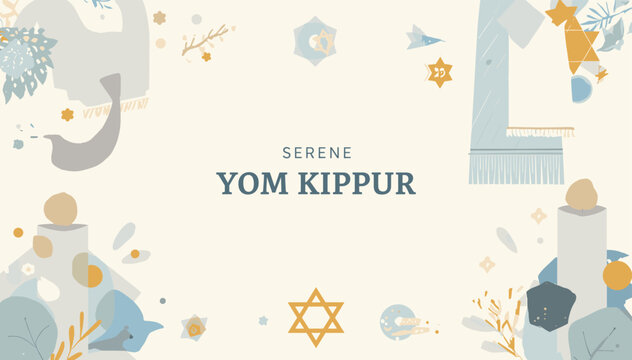 A serene illustration for Yom Kippur, featuring abstract motifs, Star of David, and symbolic elements, set against a soft, neutral background.