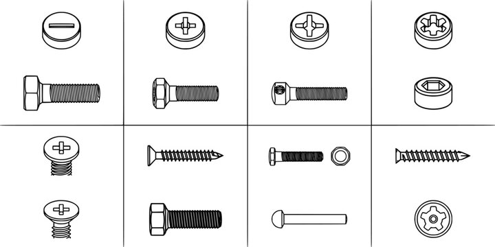 Screw Head and Screw Types Icon Set on White Background, Line Art Technical Drawing for Fastener Identification and Engineering