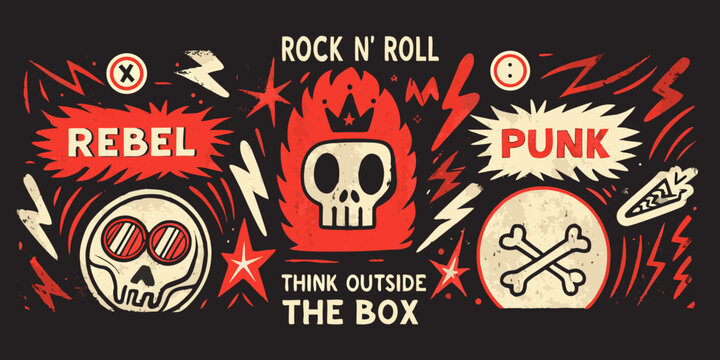 Rock and roll themed vector illustration with skulls and lightning bolts