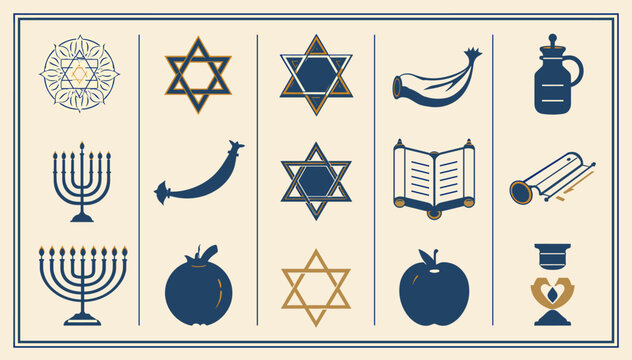 A collection of Jewish cultural and religious symbols arranged in a grid, featuring Star of David, menorahs, Torah scrolls, and other iconic imagery.