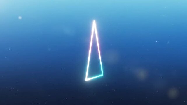 A glowing neon triangle shape floats against a dark blue gradient background