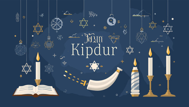 Yom Kippur holiday illustration with candles, shofar, open prayer book, and Jewish symbols on a dark blue background.