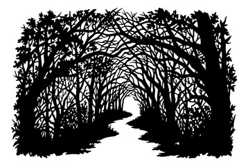 Fototapeta premium Black Silhouette of a Mysterious Forest Path Through Dense Trees