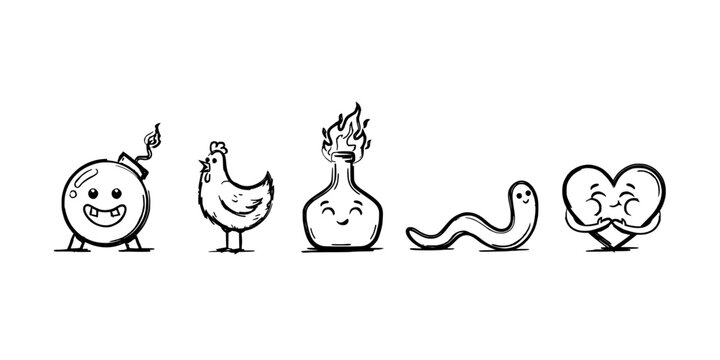 Cartoon Characters Including a Smiling Face, Chicken, Bottle, Worm, and Heart with Expressions Featuring Playful, Whimsical