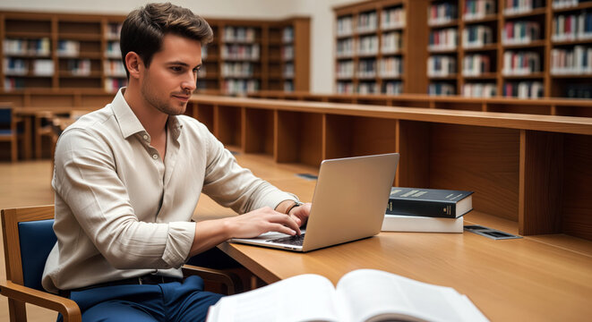 University student preparing final dissertation thesis on laptop inside public archives room or law school applicant passing online admission test sitting at library study desk