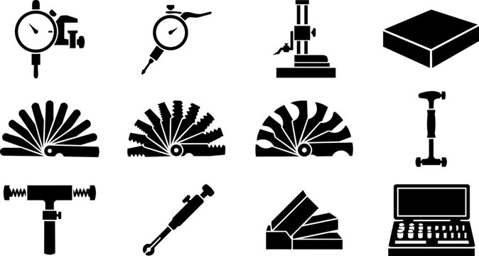 Precision Measurement and Metrology Tool Silhouette Icon Set with Gauges and Engineering Instruments