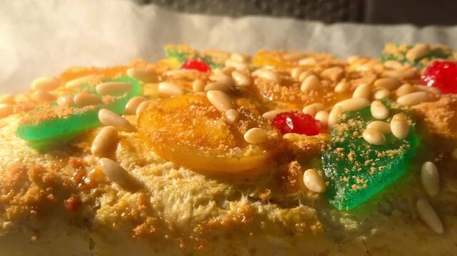 Coca Sant Joan Low Angle Closeup Texture Candied Fruit Pine Nuts Video Traditional Midsummer
