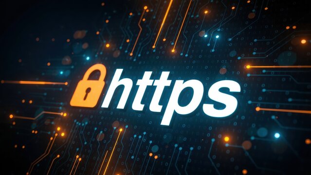HTTPS security concept with padlock icon on a digital circuit board background, secure internet connection.