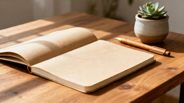 Open recycled paper planner with wooden pen and succulent