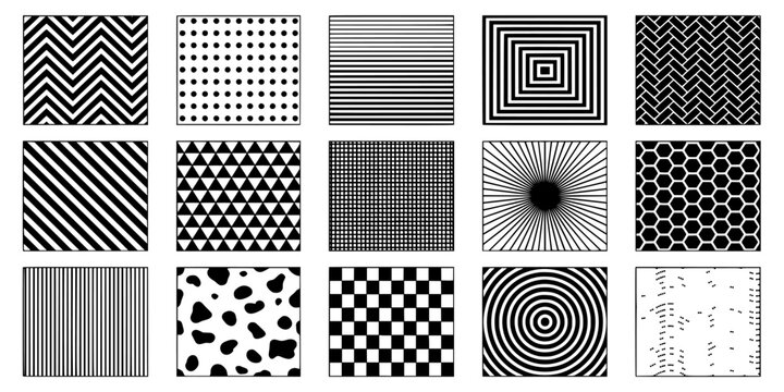 Geometric Pattern Tiles Grid in Black and White with Stripes, Dots, Chevrons, Checkerboard and Optical Spiral Designs, Eps File