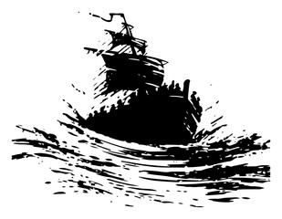 Sailing ship on ocean waves vector illustration, vintage galleon vessel in linocut style, nautical sea travel adventure black and white © Luka